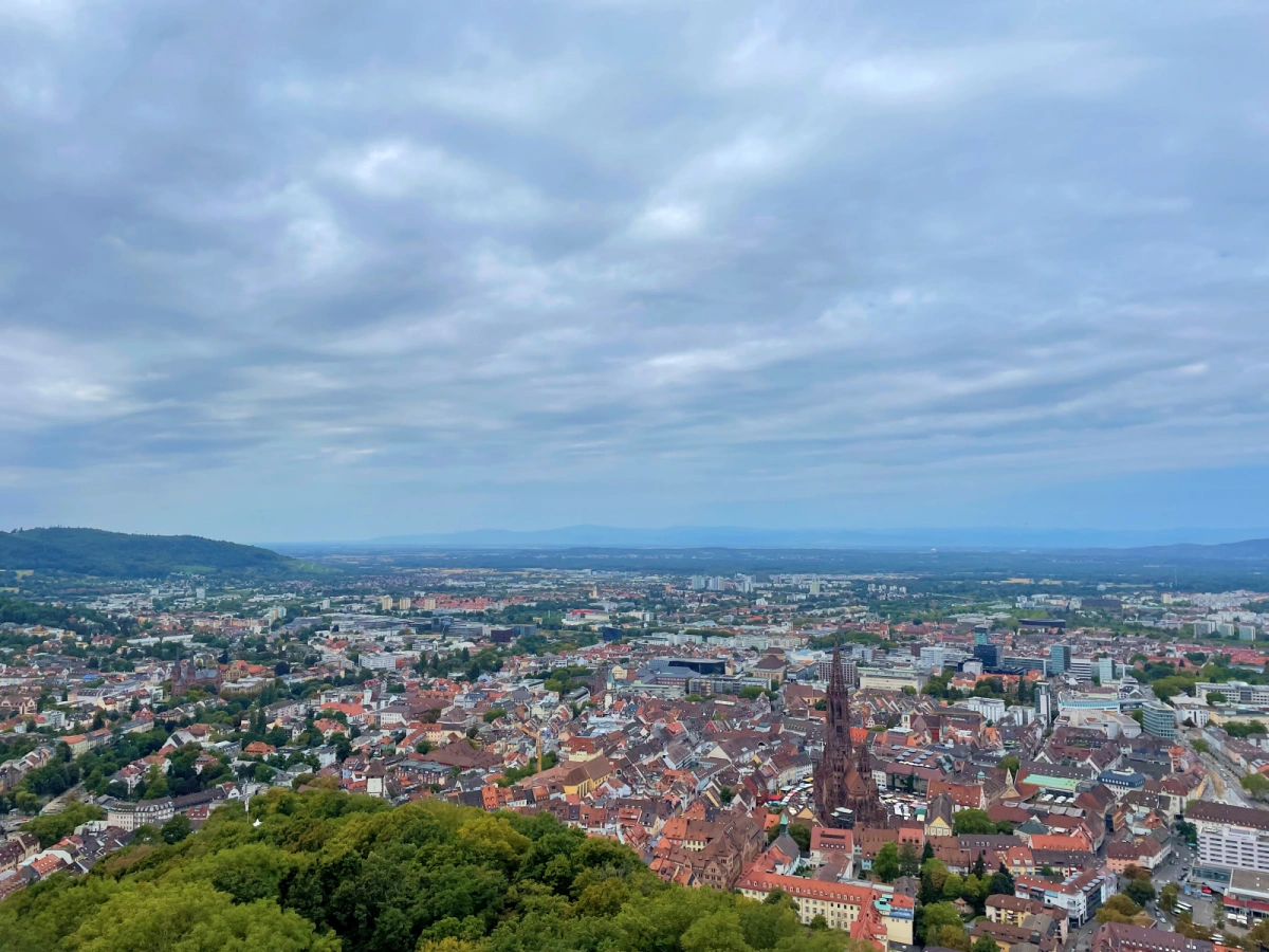 Panorámica de Friburgo de Brisgovia mostrando la catedral gótica en el centro de la ciudad histórica con la Selva Negra al fondo