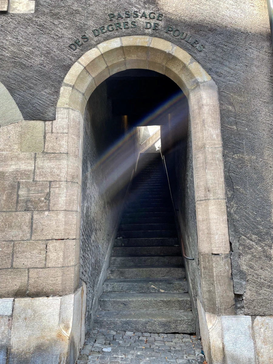 Entrada del Passage des Degrés de Poules en Ginebra con escalinata de piedra y arco histórico en el casco antiguo