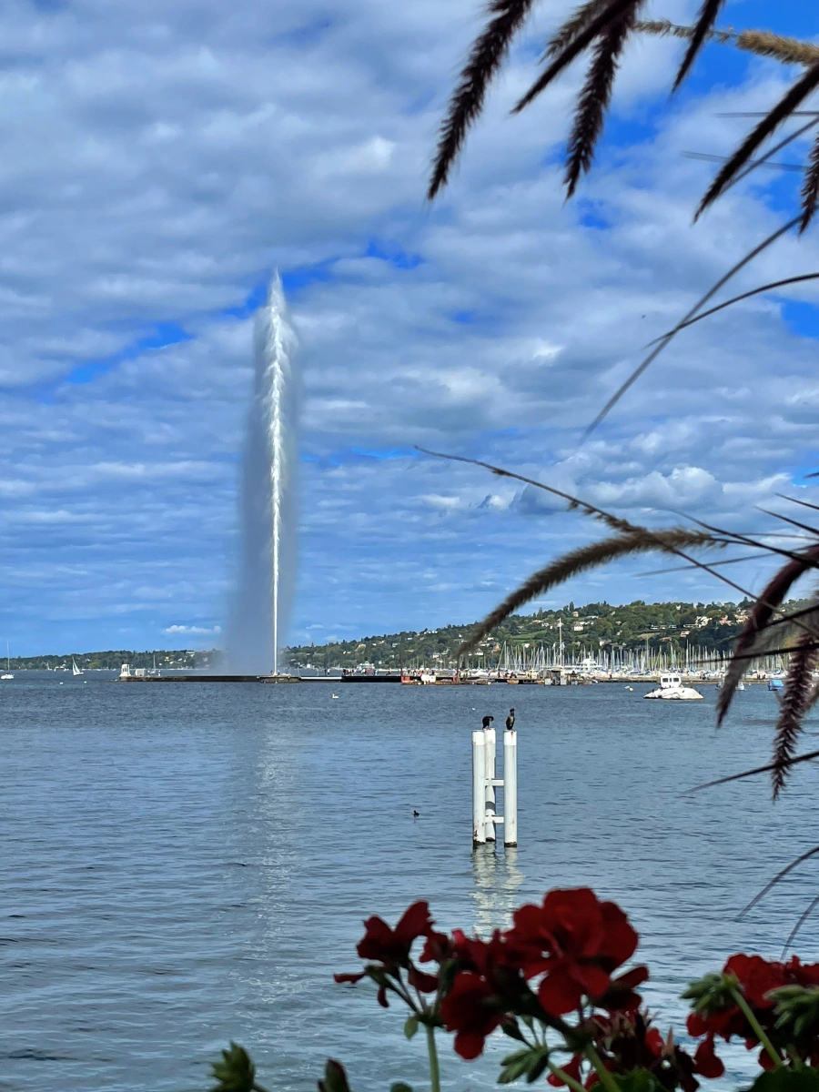 Vista panorámica del Jet d’Eau de Ginebra lanzando agua a 140 metros de altura, fotografiado desde la orilla opuesta del lago Lemán con el perfil urbano y los Alpes al fondo