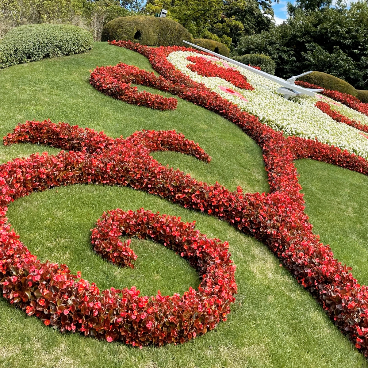 Vista lateral del Reloj de Flores de Ginebra mostrando arreglos florales y agujas doradas en el Jardín Inglés, Ginebra