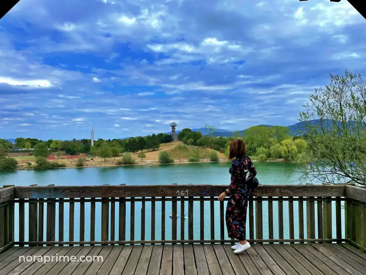 Lago artificial Flückiger en el Seepark de Friburgo visto desde Glashaus, con 11 hectáreas de superficie y torre del parque visible