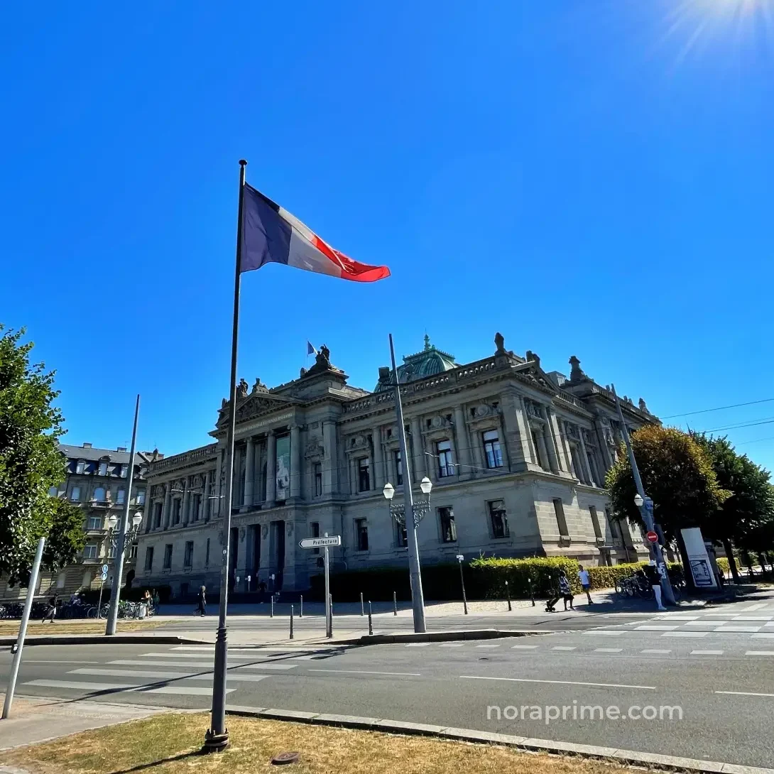 Fachada neorrenacentista de la Biblioteca Nacional y Universitaria de Estrasburgo con bandera francesa ondeando bajo cielo azul despejado