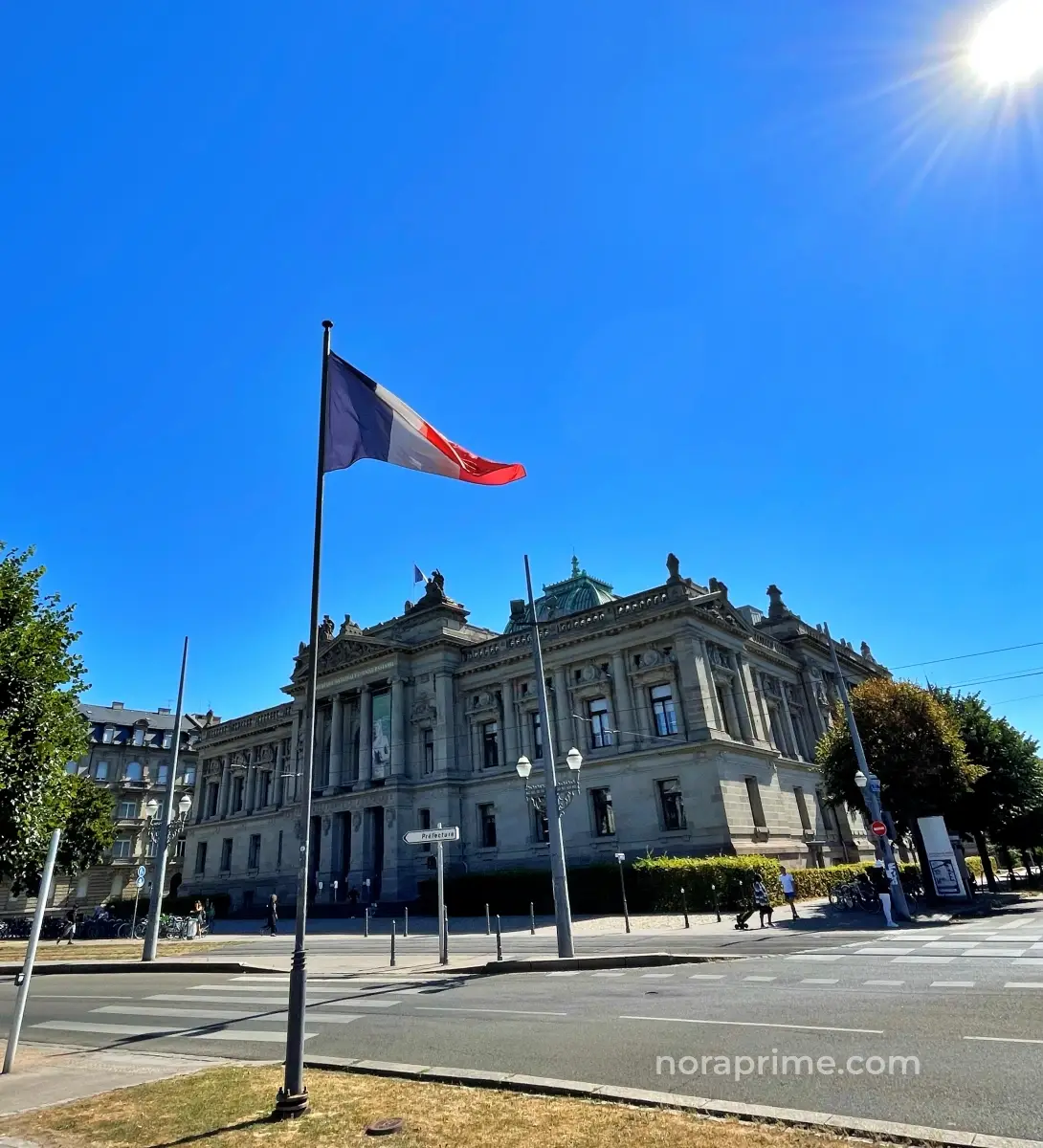 Fachada neorrenacentista de la Biblioteca Nacional y Universitaria de Estrasburgo con bandera francesa ondeando bajo cielo azul despejado