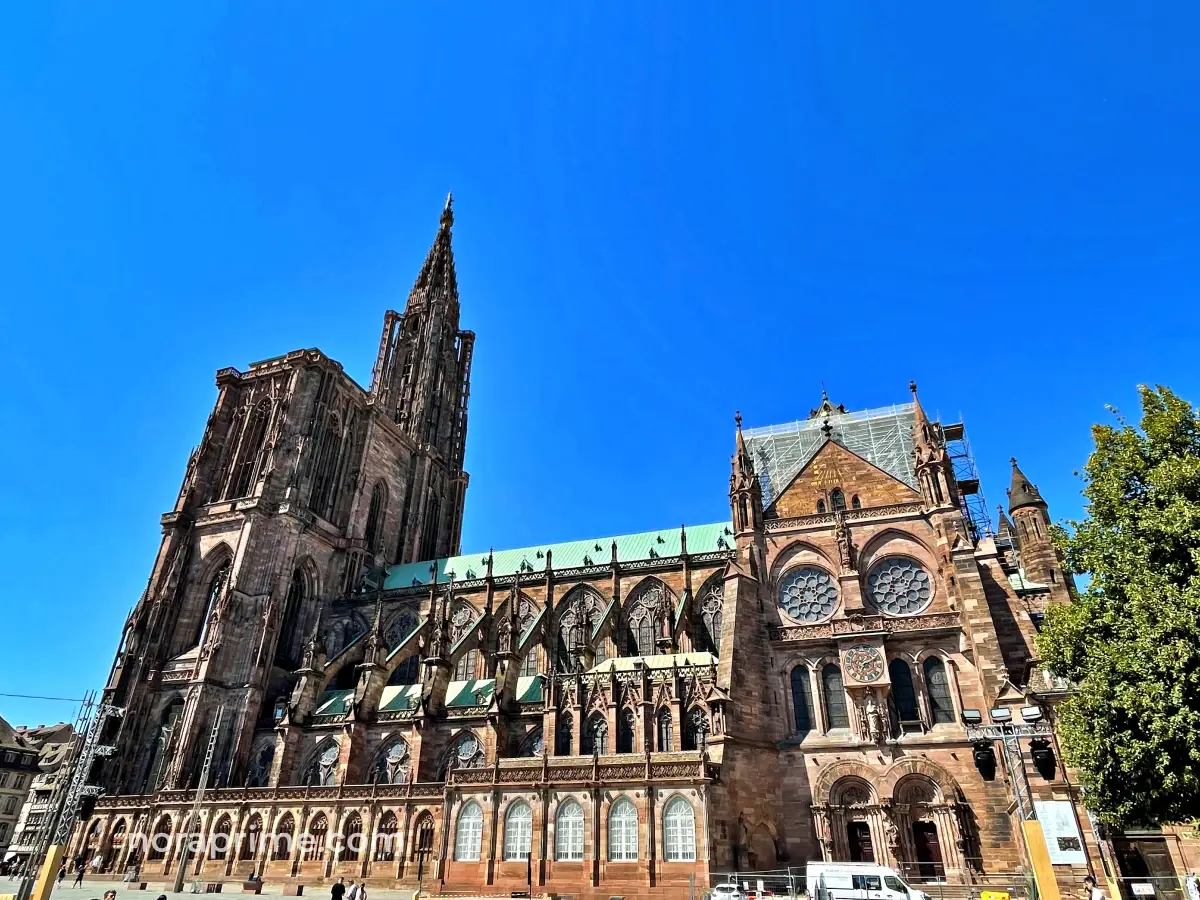 Vista lateral de la Catedral de Notre-Dame de Estrasburgo con fachada gótica y torre campanario bajo cielo azul