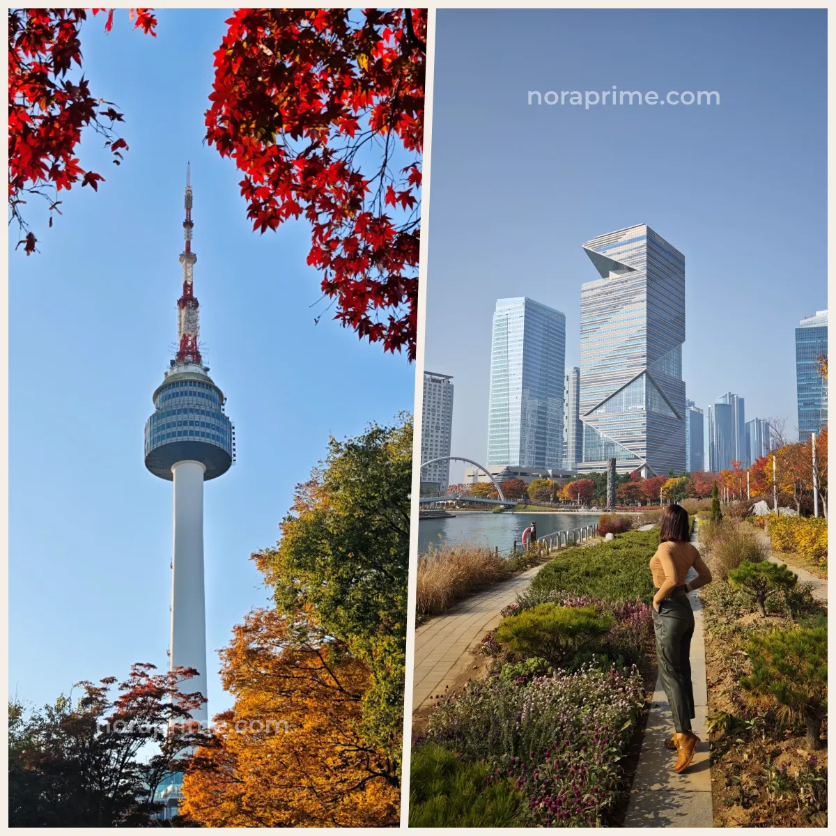 Collage con N Seoul Tower en Namsan, Seúl, enmarcada por hojas rojas de otoño, y paseo junto al canal de Songdo Central Park en Incheon con rascacielos modernos al fondo