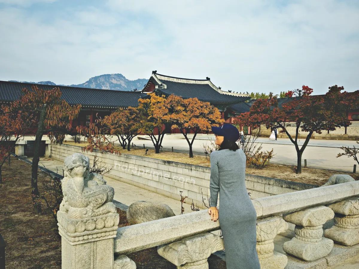 Persona mirando el Palacio Gyeongbokgung en Seúl, Corea del Sur, desde un puente de piedra con balaustrada y figura tallada, con árboles de otoño y montañas al fondo.