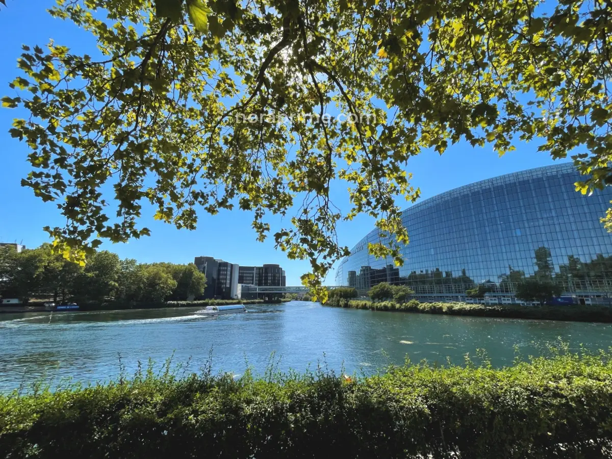 Edificio acristalado del Parlamento Europeo de Estrasburgo junto al río Ill y rodeado de vegetación