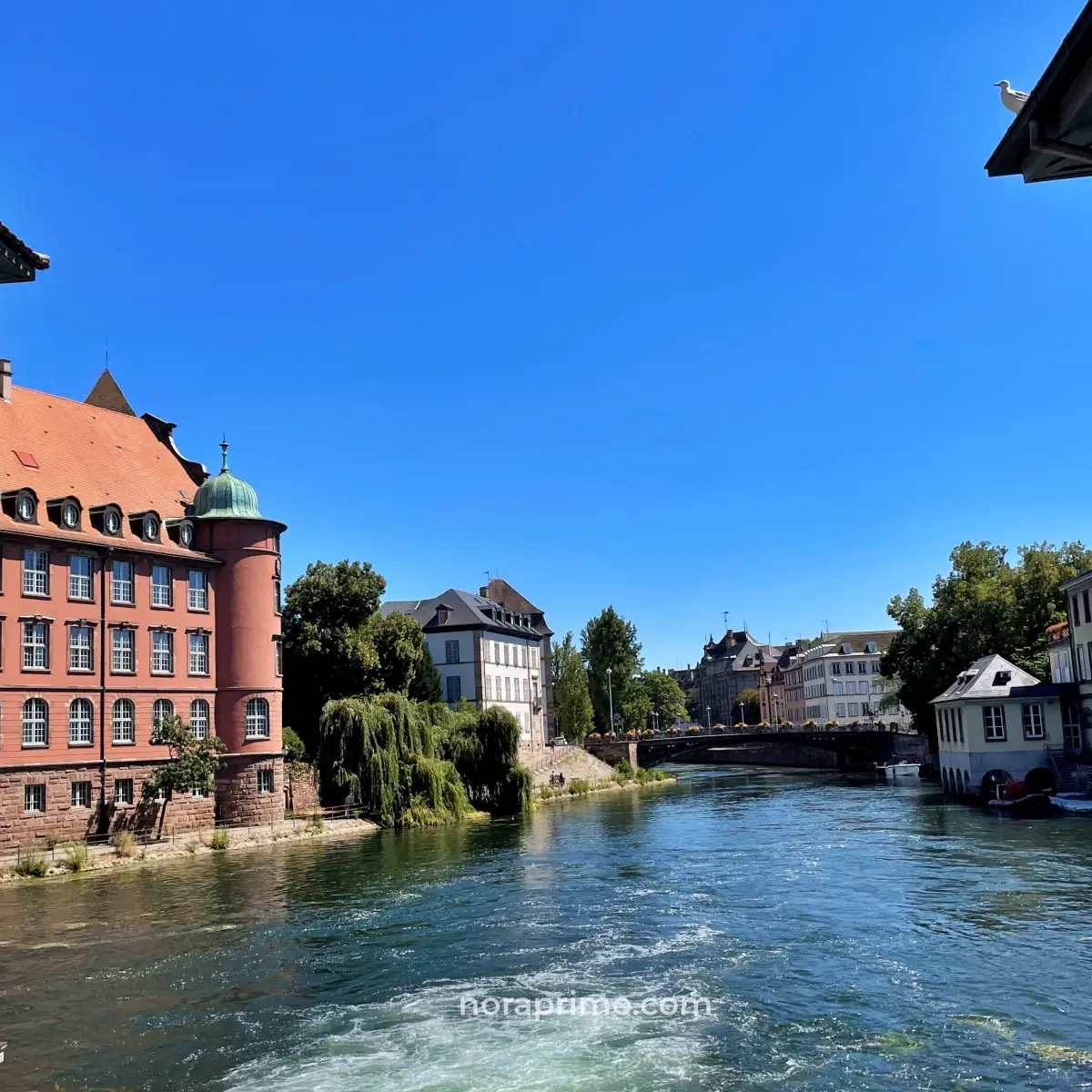 Escuela primaria pública de Estrasburgo con fachada roja junto al canal, vista desde el puente Saint-Martin en un día soleado