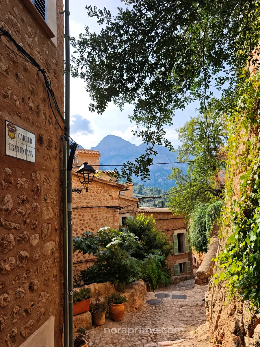 Callejón empedrado del Carrer Tramuntana en Fornalutx, Mallorca, con casas tradicionales, plantas y vistas a las montañas de la Serra de Tramuntana.